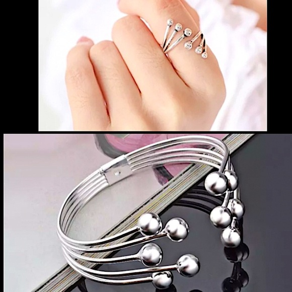 Sterling Silver Ball Beaded Bangle Bracelet Matching Ring Set - Picture 1 of 12